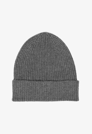 Beanie grigio a coste con risvolto. Realizzato in materiale morbido, presenta un motivo testurizzato su tutta la superficie e una vestibilità aderente.