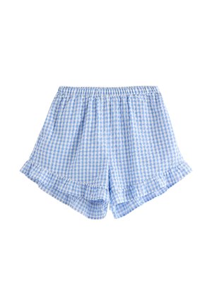 Hellblaue und weiße Vichy-Karo-Shorts mit elastischem Bund und Rüschensaum vor weißem Hintergrund.