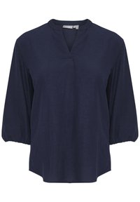 Tamno plava bluza s v-izrezom, dugim puf rukavima i slobodnim krojem. Napravljena od lagane tkanine s glatkom teksturom.