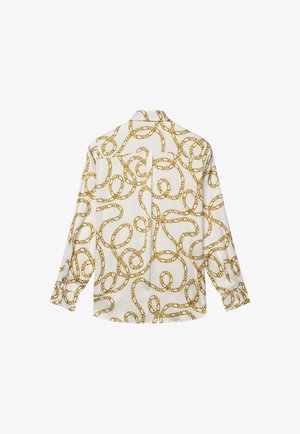 Weißes Hemd mit goldfarbenem Kettenmuster; verfügt über lange Ärmel und einen Kragen; glatte Textur mit entspanntem Schnitt.