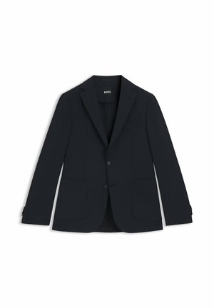 Blazer blu navy in tessuto liscio, con due tasche frontali, chiusura a un bottone, rever a incavo e vestibilità sagomata.