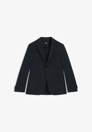 Blazer blu navy in tessuto liscio, con due tasche frontali, chiusura a un bottone, rever a incavo e vestibilità sagomata.