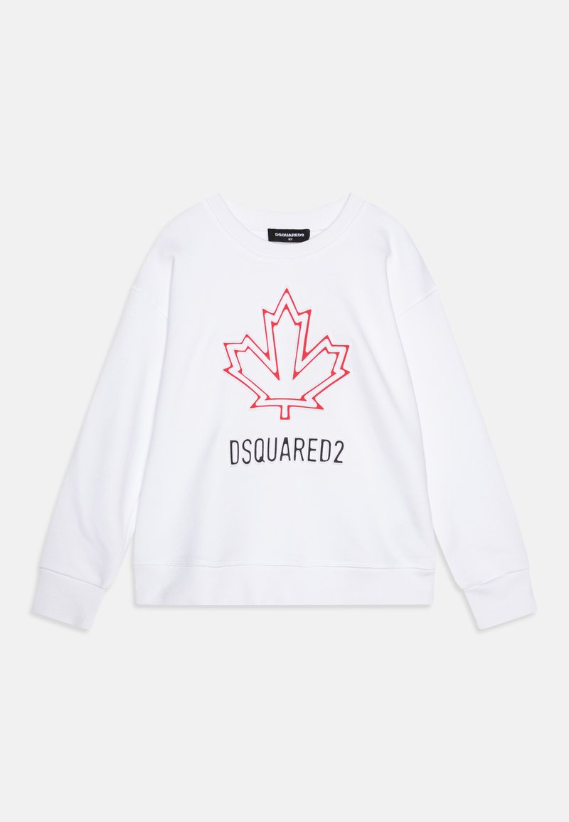 Sweat-shirt blanc avec un graphique de feuille d'érable rouge et le texte "DSQUARED2" en noir. Présente un col rond et des poignets côtelés. Texture douce.