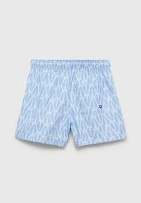 Modré plavkové šortky s celoplošným listovým vzorem, elastickým pasem a malou kapsou na boku. Materiál je lehký a hladký.