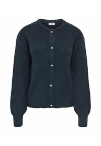 Cardigan en maille vert foncé avec un col rond, une fermeture à boutons avec des accents en perles et des manches longues légèrement bouffantes.