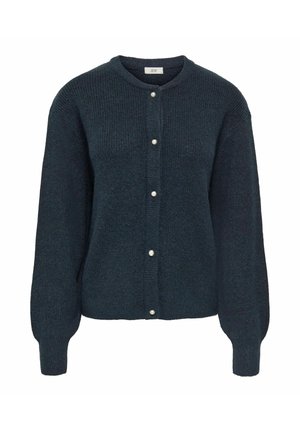 Cardigan a maglia verde scuro con scollatura rotonda, chiusura a bottoni con dettagli in perla e maniche lunghe leggermente svasate.