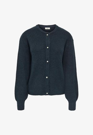 Donkergroene gebreide cardigan met een ronde halslijn, knoopsluiting met parelaccenten en licht gepofte lange mouwen.