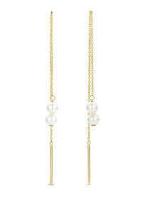 Boucles d'oreilles dorées avec deux perles blanches, comportant une chaîne délicate et des accents dorés allongés suspendus sous les perles.