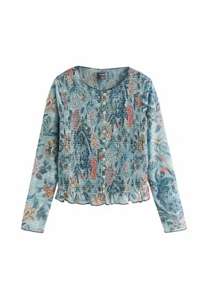 Blaue Bluse mit langen Ärmeln und Blumenmuster, vorne mit Knöpfen, smocked Textur und gerafftem Saum, mit einer Mischung aus Pastellfarben und feinen Blumenmustern.