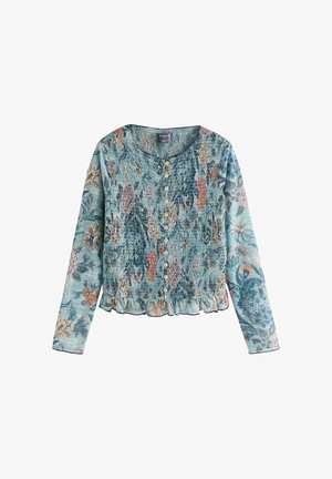 Blaue Bluse mit langen Ärmeln und Blumenmuster, vorne mit Knöpfen, smocked Textur und gerafftem Saum, mit einer Mischung aus Pastellfarben und feinen Blumenmustern.