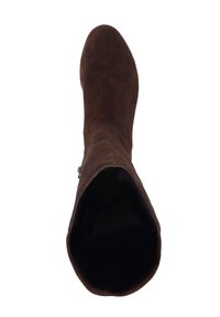 Brown suede ankle boot with a soft texture, pointed toe, and a narrow shaft. Inside is lined with black material; side zipper detail visible.