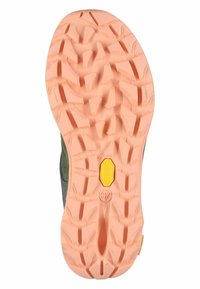 Rubber outsole with a textured, multidirectional tread pattern; vivid peach color with yellow Vibram logo and molded grooves for traction.