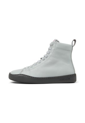 Light grey high-top sneaker with a smooth leather texture, featuring gray laces and a contrasting black sole. Simple and modern design.