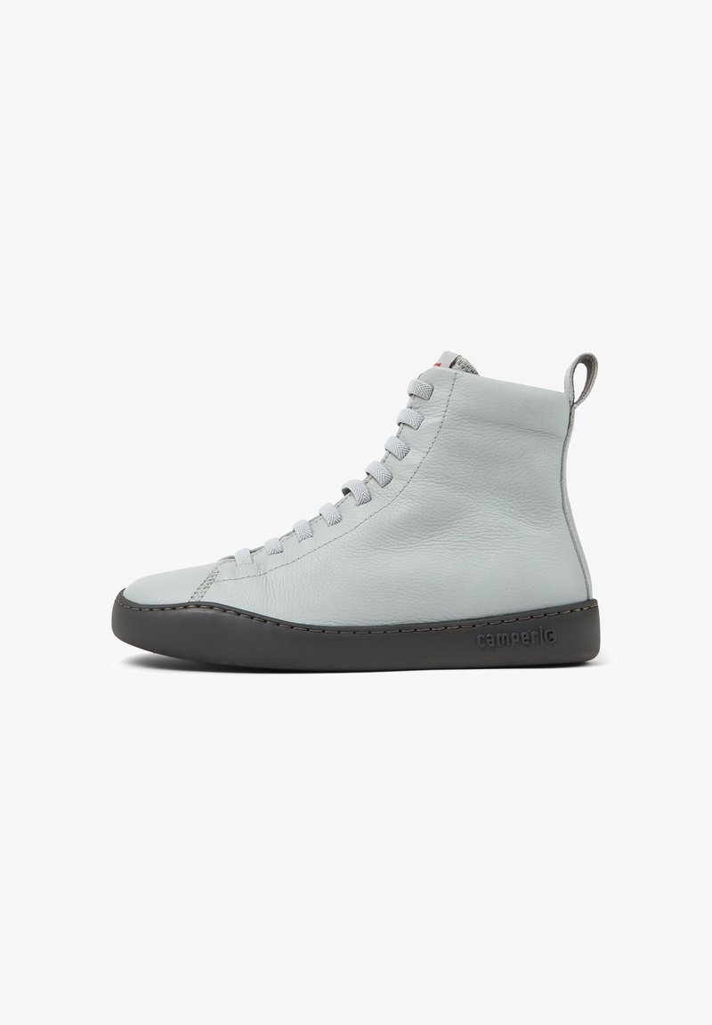 Light grey high-top sneaker with a smooth leather texture, featuring gray laces and a contrasting black sole. Simple and modern design.