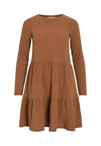 Brūns ribināts garām piedurknēm tērps ar apaļu kakla izgriezumu. Izkārtojums ar slāņotām svārkiem un krokām, izgatavots no mīksta, teksturēta auduma.