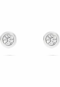Round silver earrings featuring a central clear gemstone, polished finish, and circular design with a smooth texture.