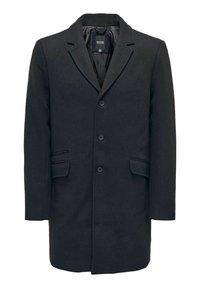 Manteau en laine noir pour homme, longueur au genou, avec trois boutons, col à revers cranté, deux poches avant à rabat et une doublure intérieure lisse.