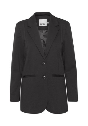 Zwarte, op maat gemaakte blazer met inkeping revers, twee knopen aan de voorkant, lange mouwen en steekzakken, met het label "ICHI" aan de binnenkant van de kraag.