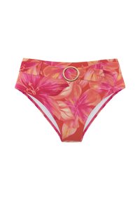 Augstām vidukļa bikini apakšdaļa sarkanā krāsā ar rozā un oranžiem ziedu rakstiem. Iezīmējas ar zelta apļa akcentu un gludu tekstūru.