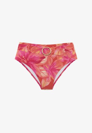 Visoko pasu bikini spodnji del v rdeči barvi s pisanjem cvetja v roza in oranžni barvi. Ima zlatokrožno dekoracijo in gladko teksturo.