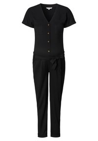 Svart jumpsuit i teksturert stoff med v-hals, korte ermer, to brystlommer, knappeåpning og detalj med knyttet midje. Avsmalnende bukser.