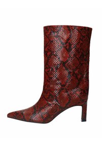 Red and black snake-patterned ankle boot with a pointed toe, made from textured material, featuring a slim high heel.