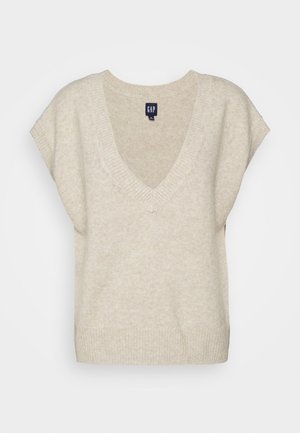 Jersey beige de punto con escote en V, mangas cortas y dobladillo acanalado. Textura suave, diseño minimalista y etiqueta de la marca visible en el escote.