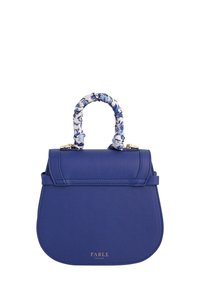 Blue leather handbag with a rounded base. Features a floral-patterned fabric handle and gold accents. Logo "FABLE" on the front.