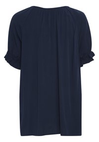 Blusa blu navy con vestibilità ampia, maniche corte a palloncino e dettagli arricciati agli orli delle maniche. Tessuto morbido con una texture liscia.