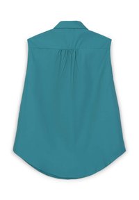 Blusa senza maniche di un colore teal, realizzata in tessuto morbido, con colletto a punta e dettaglio arricciato sul retro. Orlo arrotondato con vestibilità comoda.