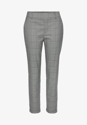 Graue maßgeschneiderte Slim-Fit-Hose mit schwarz-weißem Karomuster, Fronttaschen und einem mittelhohen Bund.