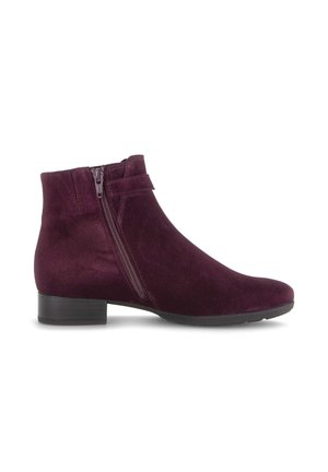 Ankle-high women's boot in dark purple suede with side zipper, low block heel, and a small strap detail near the zipper.