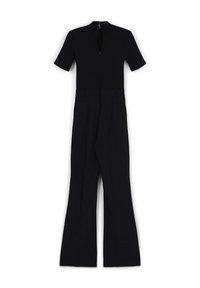 Schwarzer Jumpsuit mit einem Kurzarmdesign, Reißverschluss auf der Rückseite, taillierter Taille und weitem Hosenbein. Glatte Stofftextur.