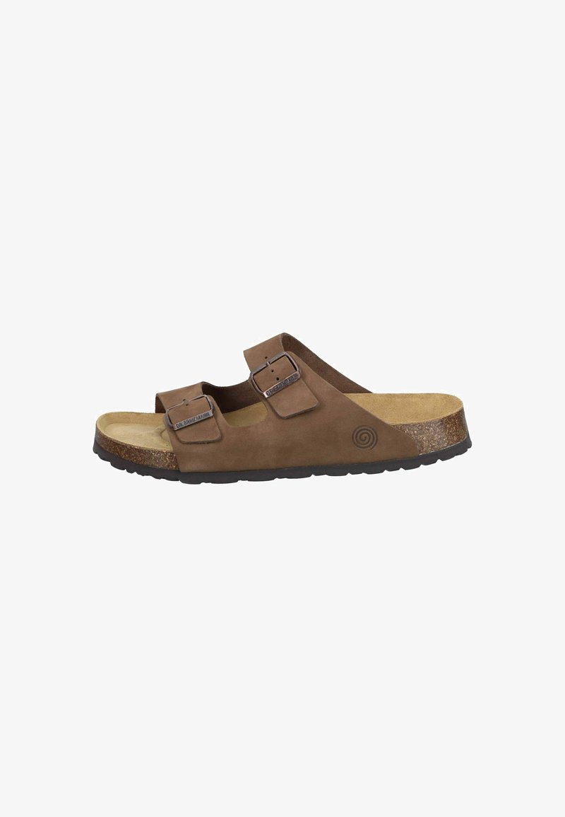 Kastanjebruine suède sandalen met twee verstelbare gespen, kurken voetbed en rubberen buitenzool. Bevat een spiraallogo aan de zijkant.