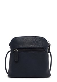 Borsa a tracolla in pelle blu con superficie testurizzata, comparto principale con zip e tasca frontale aggiuntiva. Include una tracolla regolabile.