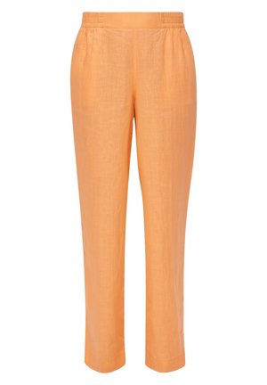 Light orange straight-leg pants with elastic waistband, side pockets, and a smooth texture, displayed on a white background.