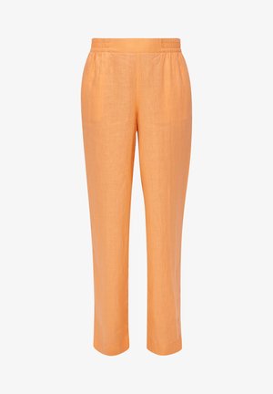 Light orange straight-leg pants with elastic waistband, side pockets, and a smooth texture, displayed on a white background.