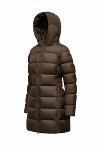 Cappotto imbottito marrone con cappuccio, dotato di chiusura a zip, motivo trapuntato e design di lunghezza media. Materiale liscio e leggero.