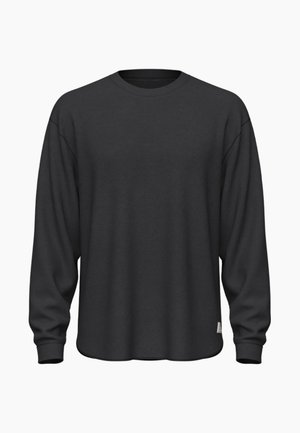 Black long-sleeve sweatshirt made of soft fabric with a rounded neckline, relaxed fit, and ribbed cuffs. Features a subtle side label.
