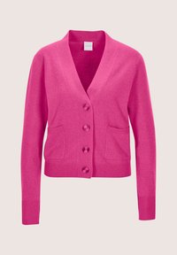 Heller pinker Knopf-Down-Cardigan mit langen Ärmeln und zwei vorderen Taschen, gestrickte Textur und gerippte Bündchen sowie Saum.