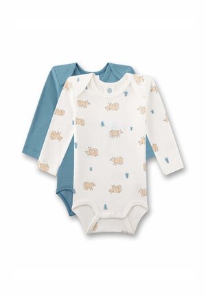 Due body per neonati a manica lunga, uno blu tinta unita e uno bianco con piccole stampe di orsetti e alberi, distesi piani sovrapposti su sfondo bianco.