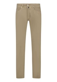 Pantalons en coton beige à coupe ajustée, avec fermeture à bouton et zip à l'avant, cinq poches et détails de couture discrets.