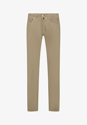 Pantalons en coton beige à coupe ajustée, avec fermeture à bouton et zip à l'avant, cinq poches et détails de couture discrets.