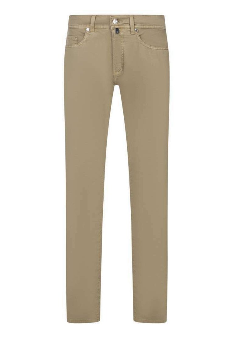 Pantalons en coton beige à coupe ajustée, avec fermeture à bouton et zip à l'avant, cinq poches et détails de couture discrets.