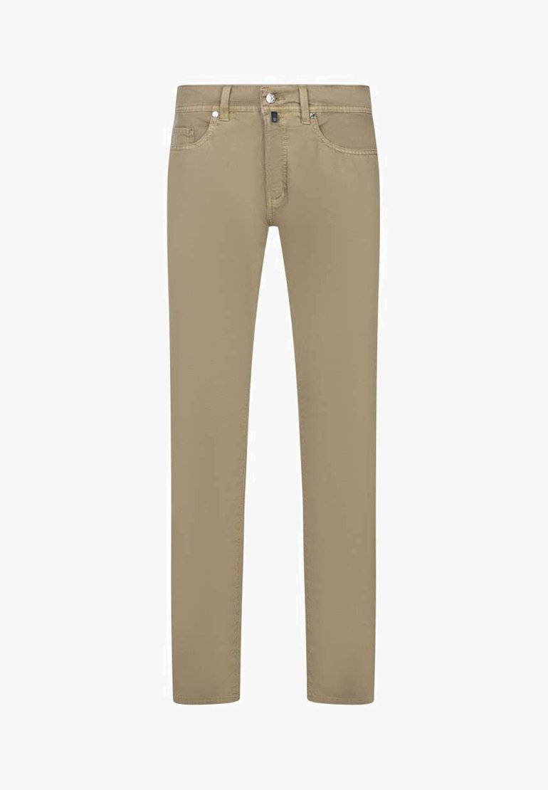 Pantalons en coton beige à coupe ajustée, avec fermeture à bouton et zip à l'avant, cinq poches et détails de couture discrets.