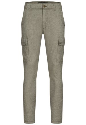 Pantaloni cargo grigi chiari in un tessuto testurizzato, dotati di due tasche laterali, chiusura con bottone e gambe affusolate fitted.