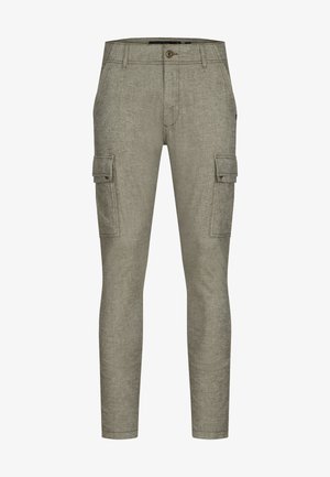 Pantalones cargo gris claro en una tela texturizada, con dos bolsillos laterales, cierre de botón y piernas ajustadas y cónicas.