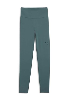 Legginsy w kolorze morskim na pełną długość z wysokim stanem i małym logo Puma na górnej lewej części uda, prezentowane na białym tle.