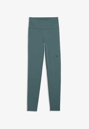 Lange teal legging met hoge tailleband en klein Puma-logo op de bovenste linker dij, weergegeven op een witte achtergrond.