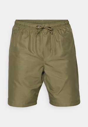 Bañador de color verde oliva con cintura elástica, cordón ajustable y una tela suave y ligera. Sin patrones ni elementos visibles.